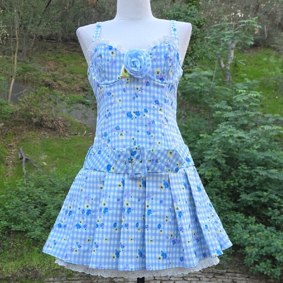 NEW $269 FOR LOVE AND LEMONS BRIGITTA FLORAL GINGHAM DENIM MINI DRESS W/ROSE S - Picture 3 of 13